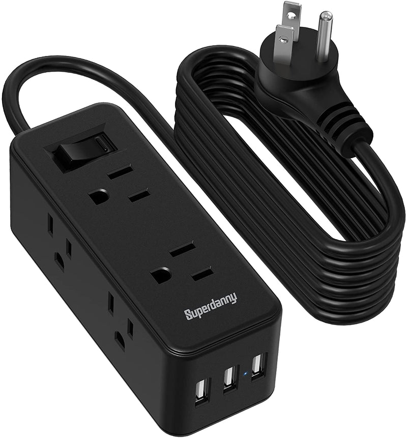 6 Widely Spaced Outlets (3 Side), 3 USB Ports Power Strip with USB, SUPERDANNY, 5 Ft Extension Cord