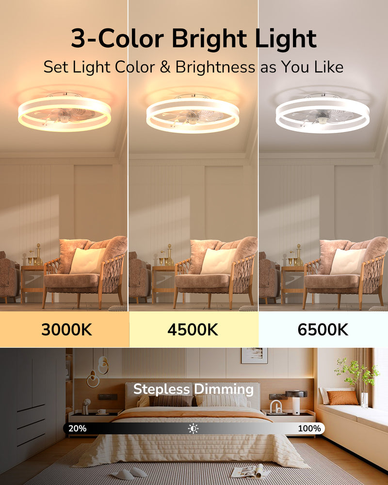 Ceiling Fan with Light,Low Profile,Flush Mount  Ceiling Fans with Lights 20''  3 Color Dimmable LED Light 6 speeds Reversible Timing Ceiling Fan Remote Control, bulb Modern Aesthetics Dc Motor Convenience Cooling Air Ultra Quiet
