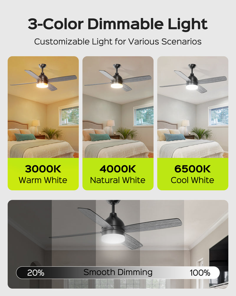 Ceiling Fans with Lights, 52 Inch Ceiling Fans with Lights and Remote,Ceiling Fans for Patios Bedroom Farmhouse, Dimmable 3CCT LED, Quiet Reversible Motor silent socket bulb control spotlight Modern Design Home Decor fan