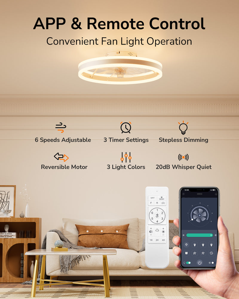 Ceiling Fan with Light,Low Profile,Flush Mount  Ceiling Fans with Lights 20''  3 Color Dimmable LED Light 6 speeds Reversible Timing Ceiling Fan Remote Control, bulb Modern Aesthetics Dc Motor Convenience Cooling Air Ultra Quiet