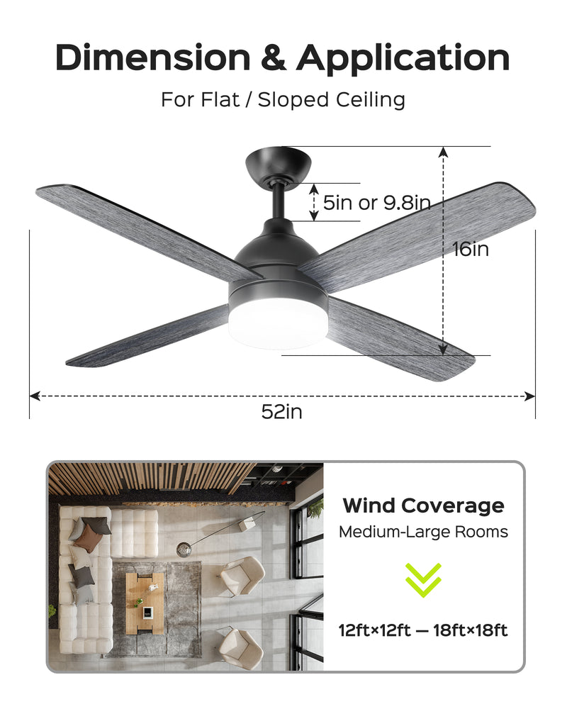 Ceiling Fans with Lights, 52 Inch Ceiling Fans with Lights and Remote,Ceiling Fans for Patios Bedroom Farmhouse, Dimmable 3CCT LED, Quiet Reversible Motor silent socket bulb control spotlight Modern Design Home Decor fan