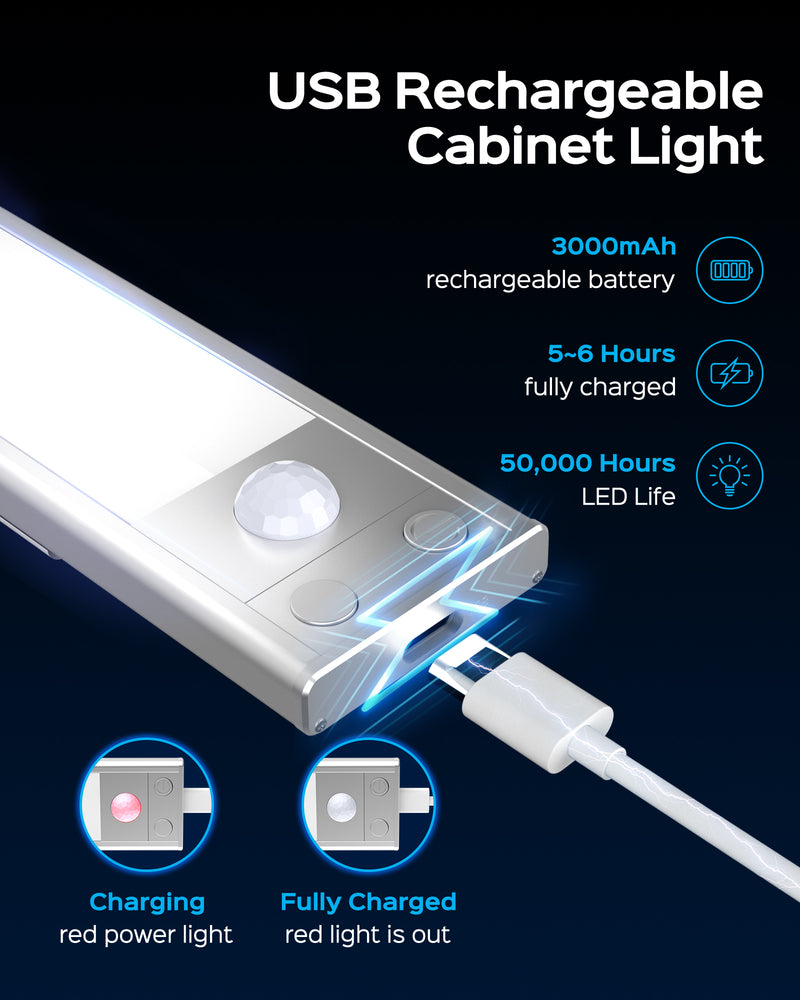 JACKYLED Under Cabinet Lights 2 Pack, 24 Inch Dimmable 202 LED USB-C Rechargable Motion Sensor Under Cabinet Lights, 3 Color Settings-3000K/4000K/6500K for Kitchen Hallway Wardrobe
