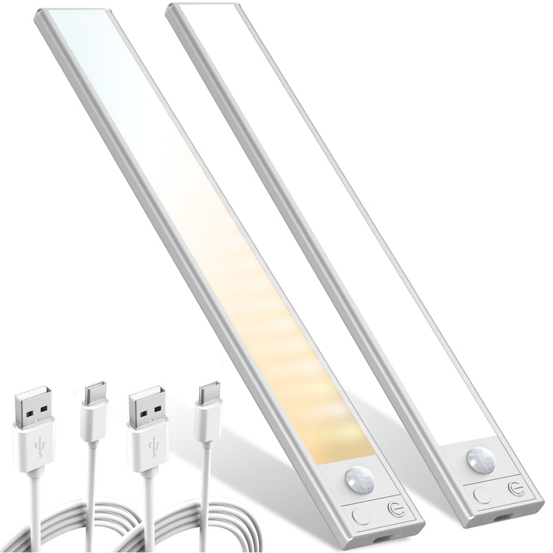 JACKYLED Under Cabinet Lights 2 Pack, 24 Inch Dimmable 202 LED USB-C Rechargable Motion Sensor Under Cabinet Lights, 3 Color Settings-3000K/4000K/6500K for Kitchen Hallway Wardrobe