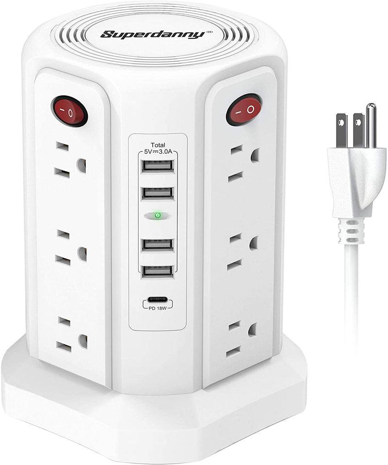 USB C Power Strip Surge Protector Tower, SUPERDANNY,18W PD Port & 4 USB-A Slots and 12 AC Outlets, 6ft