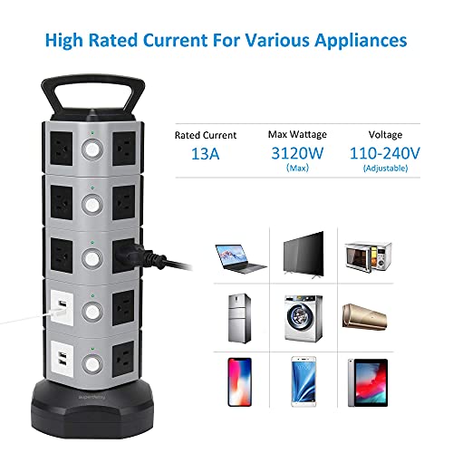 Power Strip Tower SDD005-5 Surge Protector SUPERDANNY, 18 Outlet Plugs with 4.2A 4-USB Slot