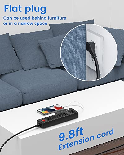 10ft Power Strip USB Surge Protector, JACKYLED Mountable 6 Outlets 4 USB Ports Electric Power Outlet with Offset Plug Electric Long Extension Cord Power Charging Station for Home Office