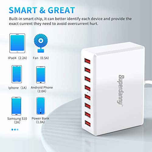 SUPERDANNY Multi USB Charger with 8 Ports Desktop USB Charging Station, iSmart Multiple Port, White