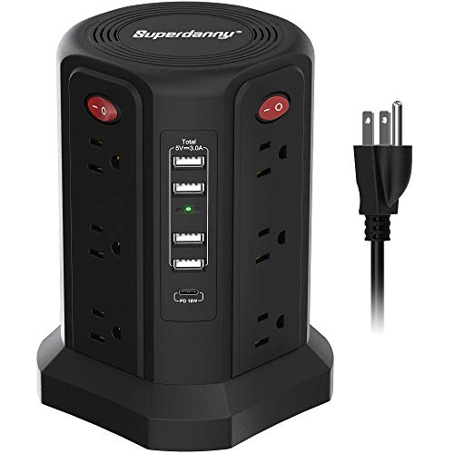 USB C Power Strip Surge Protector Tower, SUPERDANNY,18W PD Port & 4 USB-A Slots and 12 AC Outlets, 6ft