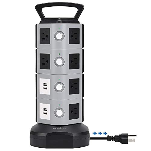 6.5ft 4 USB Slot 14 Outlets Surge Protector Power Strip Tower SUPERDANNY 3000W 13A