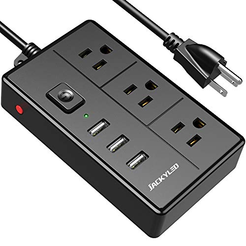 JACKYLED Portable Multi-Plug Power Strip with 3 USB Ports and 3 Wide AC Outlets