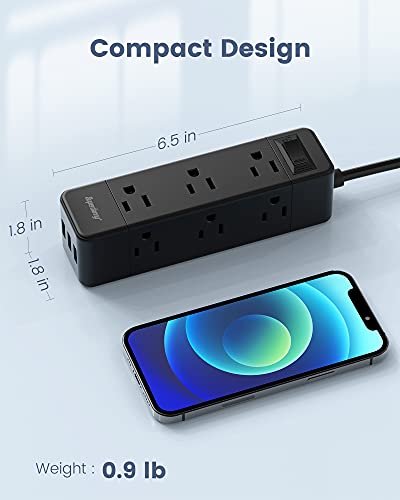 9 Widely Spaced Outlets (3-Side), 3 USB Ports Power Strip SUPERDANNY, Surge Protector, 6.5 Ft Extension Cord