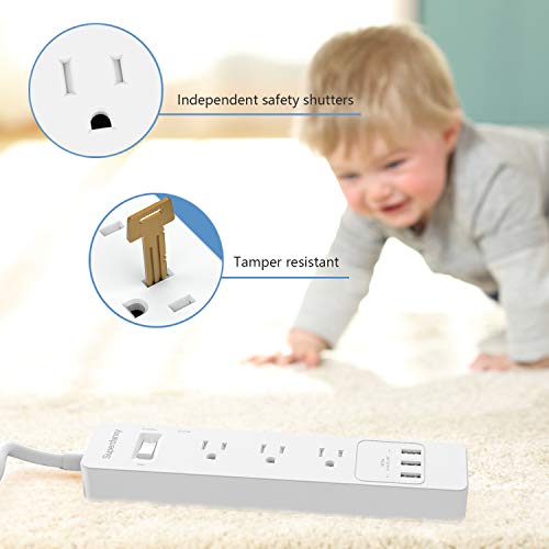 SUPERDANNY Surge Protector Power Strip with 3 AC Outlets & 3 USB Ports, White