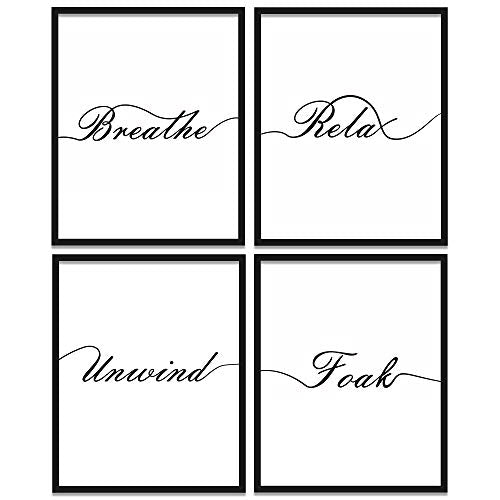 ULG Bathroom Decor Art Prints Set of 4 Breathe, Relax, Unwind, Breathe, Foak Bath Signs Poster Prints - Unframed - 8x10s