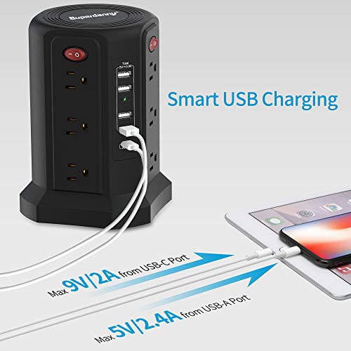 USB C Power Strip Surge Protector Tower, SUPERDANNY,18W PD Port & 4 USB-A Slots and 12 AC Outlets, 6ft