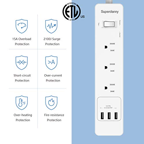 SUPERDANNY Surge Protector Power Strip with 3 AC Outlets & 3 USB Ports, White