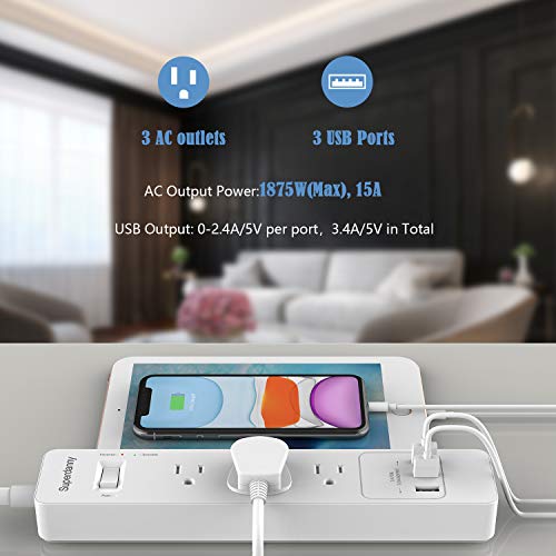 SUPERDANNY Surge Protector Power Strip with 3 AC Outlets & 3 USB Ports, White