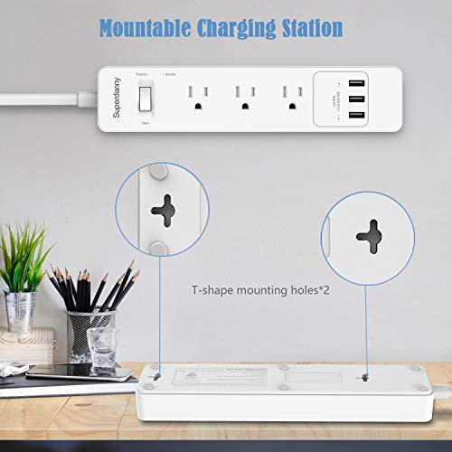 SUPERDANNY Surge Protector Power Strip with 3 AC Outlets & 3 USB Ports, White