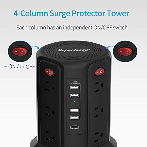 USB C Power Strip Surge Protector Tower, SUPERDANNY,18W PD Port & 4 USB-A Slots and 12 AC Outlets, 6ft