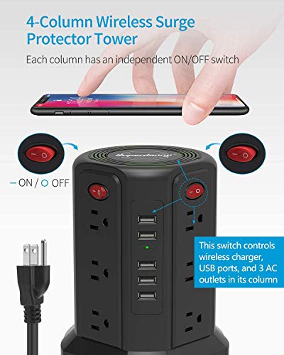 Surge Protector Tower Wireless Charger SUPERDANNY, 12 AC Outlets 5 USB Ports