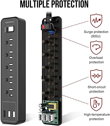 16.4 FT Power Strip, SUPERDANNY Black USB Surge Protector Power Strip
