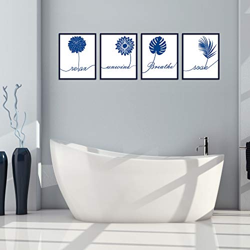 ULG Bathroom Decor Art Prints Relax, Soak, Unwind, Breathe Blue Flower Signs Poster Prints Set of 4 - Unframed - 8x10s