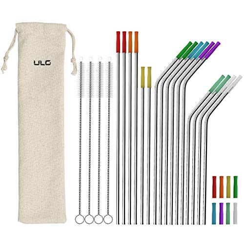 ULG Metal Straws 16-Pack , 16 Silicone Tips, 4 Cleaning Brushes, 1 Pouch Included