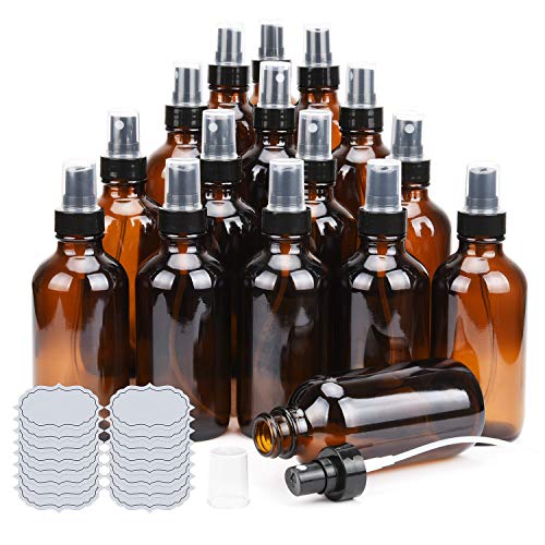 ULG 4oz Glass Spray Bottles Fine Mist Sprayers 16 Piece Amber/Blue/Clear