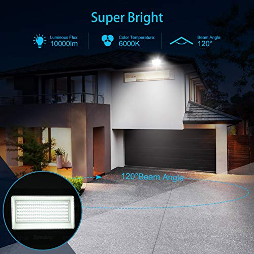 2 Pack 100W LED Flood Light Outdoor with Plug, SUPERDANNY 6000K Daylight White