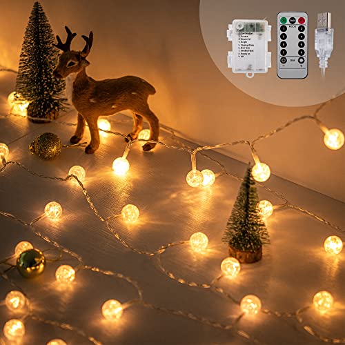 Battery Operated String Lights JACKYLED 33ft 80 LED Globe Fairy Lights Crystal Crackle Ball Hanging Lights(Warm White)