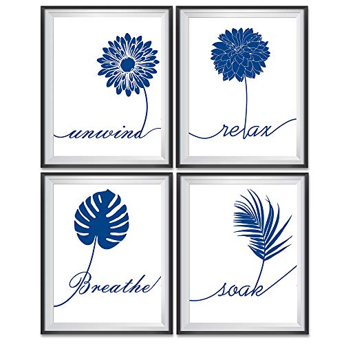 ULG Bathroom Decor Art Prints Relax, Soak, Unwind, Breathe Blue Flower Signs Poster Prints Set of 4 - Unframed - 8x10s