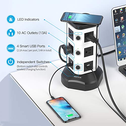 Power Strip Tower with Wireless Charger JACKYLED 10 AC Outlets 4 USB Ports