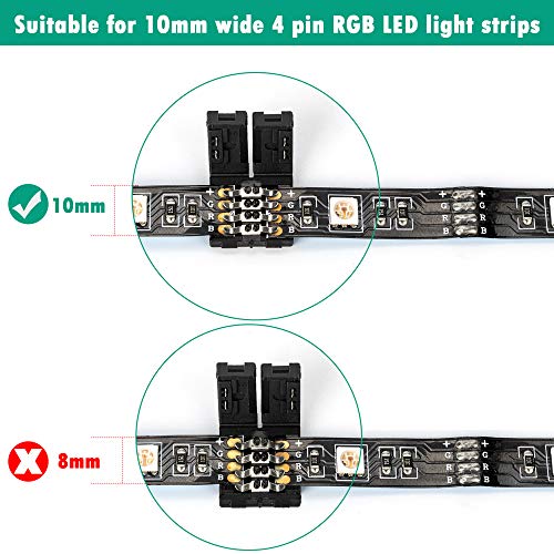 10 Pack 4 Pin LED Light Strip Connectors JACKYLED 10mm Wide Gapless Solderless RGB LED Tape Light Adapter Clip Connectors for SMD 5050 Multicolor LED Strip (Black)