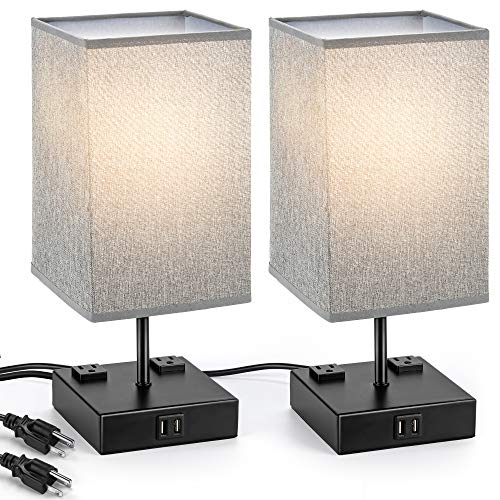 UL Listed Bedside Lamp with USB Port and 2 AC Outlets,JACKYLED 3 Way Dimmable Touch Control Table Lamp Modern Light, Desk Reading Lamp for Bedroom, Living Room,Gray,2 Pack