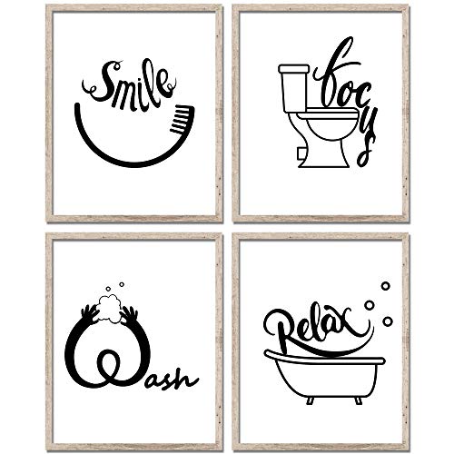 ULG Bathroom Decor Wall Art Relax, Smile, Wash, Focus Funny Bathroom Signs Set of 4 - Unframed - 8x10s