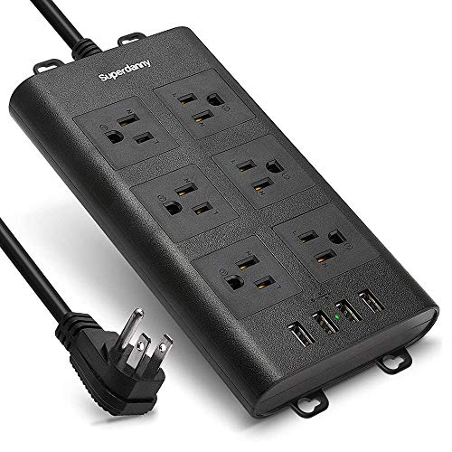 SUPERDANNY 10ft 15A Surge Protector Power Strip 6 Outlet 4 USB Ports