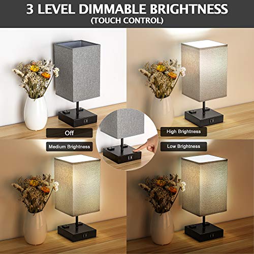 UL Listed Bedside Lamp with USB Port and 2 AC Outlets,JACKYLED 3 Way Dimmable Touch Control Table Lamp Modern Light, Desk Reading Lamp for Bedroom, Living Room,Gray,2 Pack