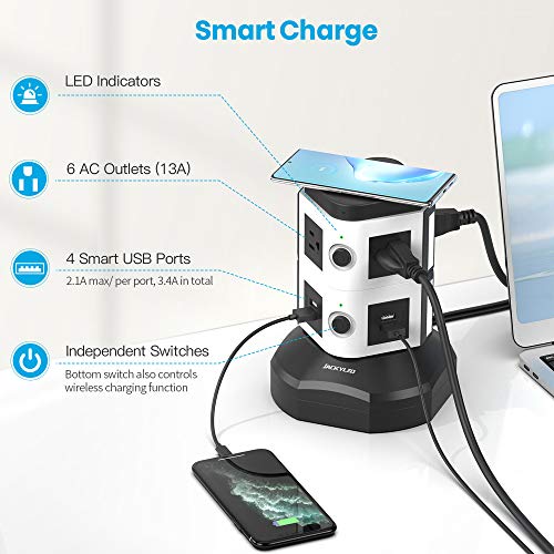 JACKYLED Power Strip Tower with Wireless Charger Surge Protector Electric Outlet