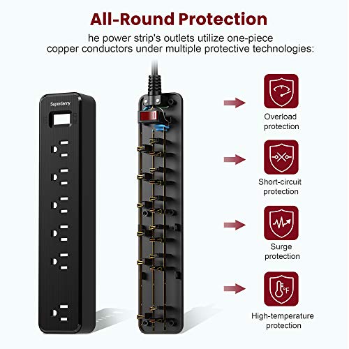 SUPERDANNY Power Strip Surge Protector 6 AC Outlets