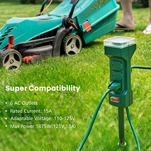 SUPERDANNY Outdoor Power Stake Timer with 10ft Extension Cord & 6 AC Outlets