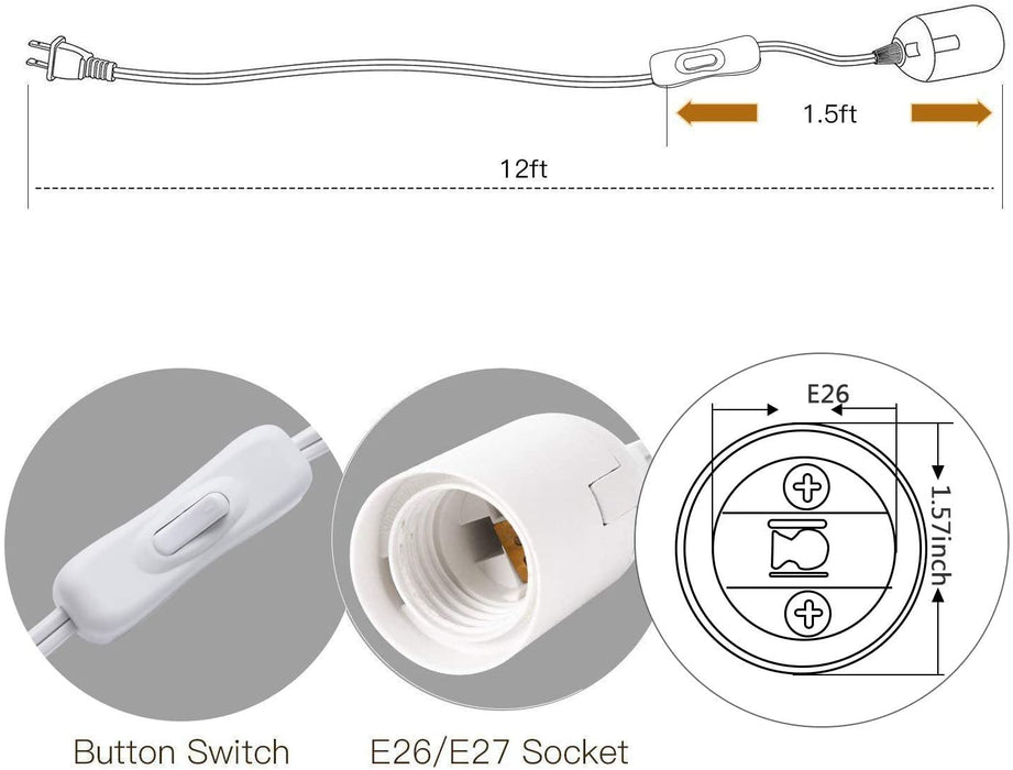 JACKYLED Extension Hanging Lantern Cord Cable UL 12Ft