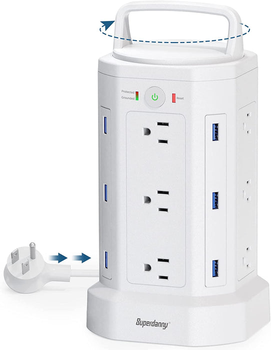 SUPERDANNY 12 AC Outlets Power Strip Tower Cord Retracting