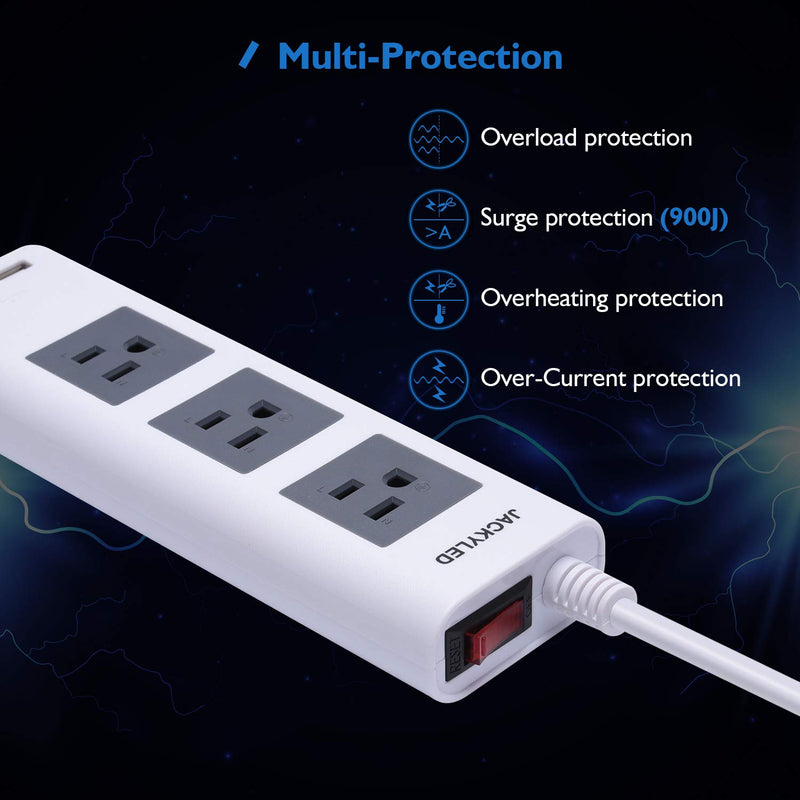 JACKYLED Power Strip Surge Protector with USB Flat Plug 9.8ft Extension Long Cord