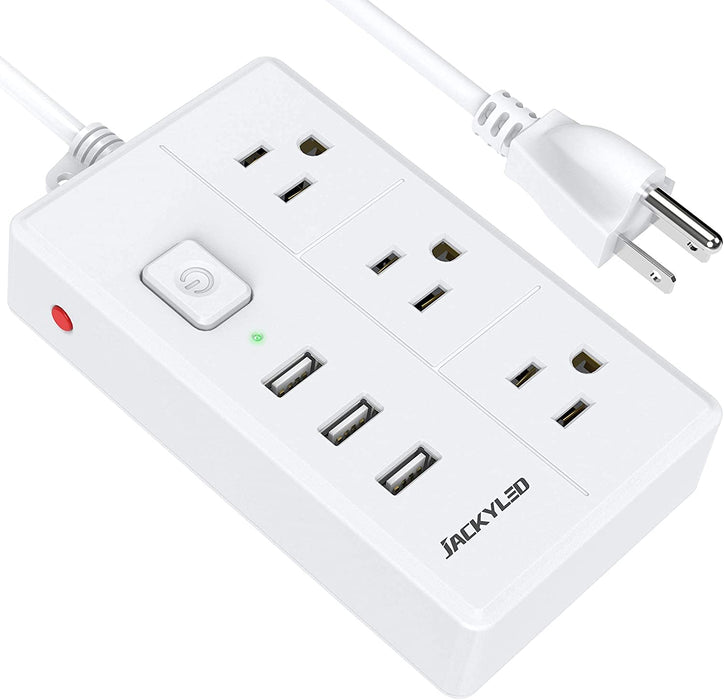 JACKYLED Portable Multi-Plug Power Strip with 3 USB Ports and 3 Wide AC Outlets