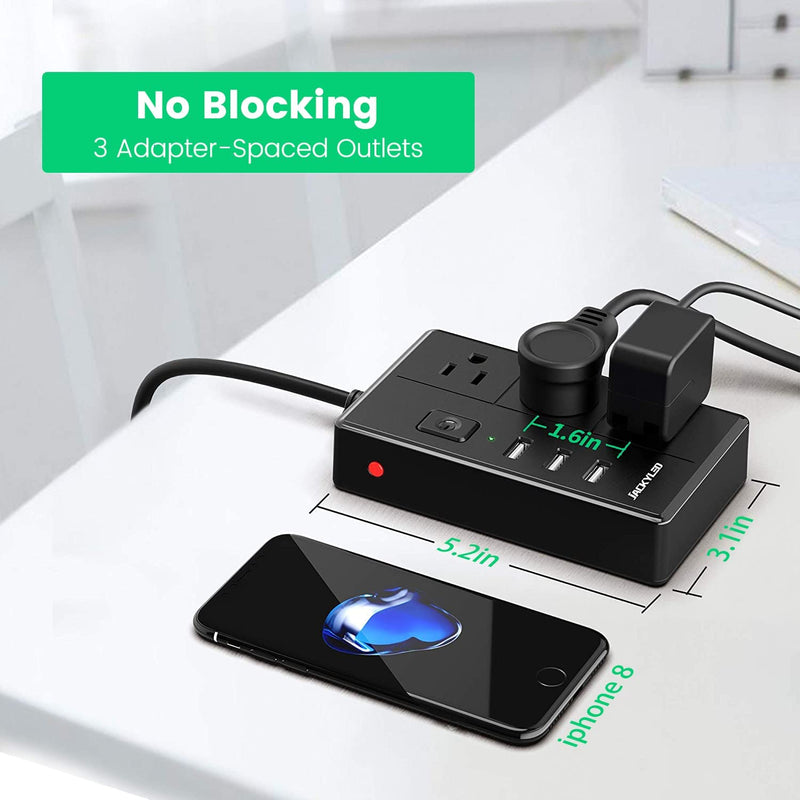 JACKYLED Portable Multi-Plug Power Strip with 3 USB Ports and 3 Wide AC Outlets