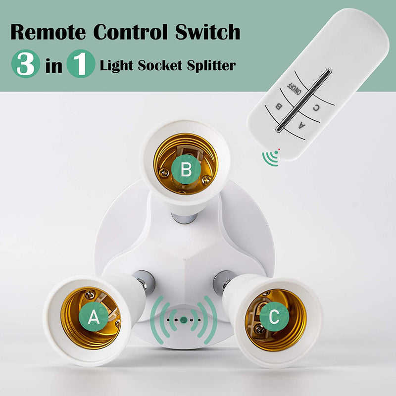 JACKYLED Remote Control 3 in 1 Light Socket Splitter E26 E27 Adapter C