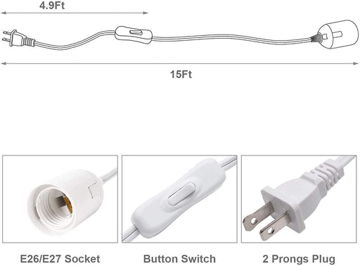 JACKYLED Extension Hanging Lantern Cord Cable 2-Pack 15Ft UL 360W