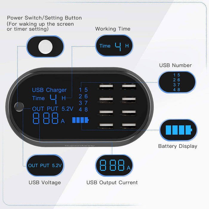 SUPERDANNY Multiple USB Charging Station with Timer and Current Display-Black