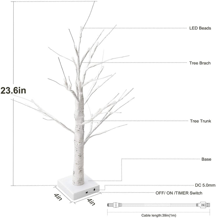 Upgraded 2FT 28 LED Lighted Birch Tree with Timer JACKYLED, Halloween decorations