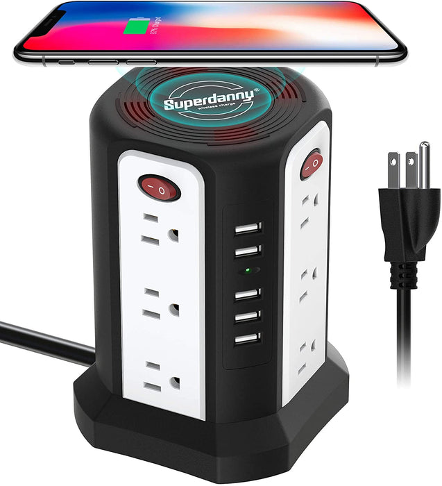 Surge Protector Tower Wireless Charger SUPERDANNY, 12 AC Outlets 5 USB Ports