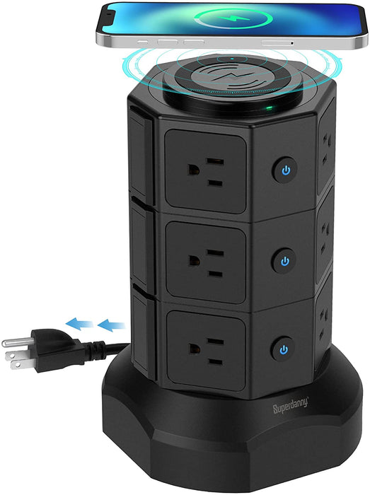 SUPERDANNY 6.5ft Power Strip Tower with 15W Magnet Connecting Wireless Charger, 1050J Surge Protector Tower